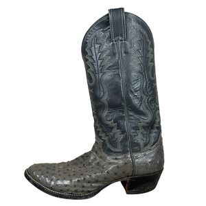 Justin Mens Full Quill Ostrich Cowboy Boots Gray Black Leather USA Made Vintage